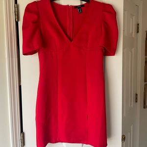 Red Forever21 V-Cut Puff Sleeve Dress